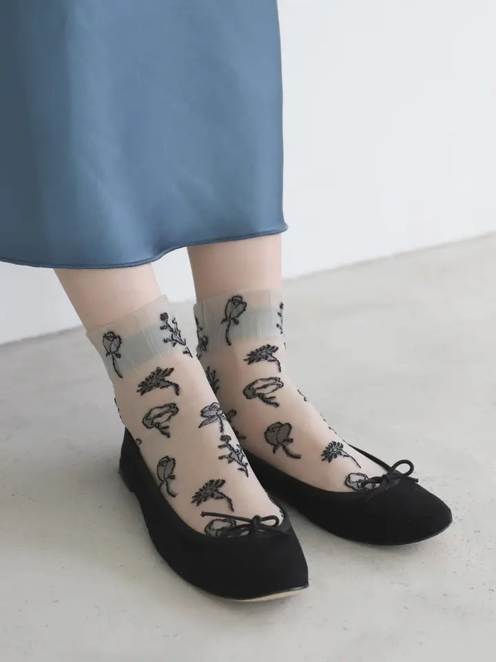 日本 Tabio 靴下屋 透肤袜花朵 22.5-24.5 3种颜色可选