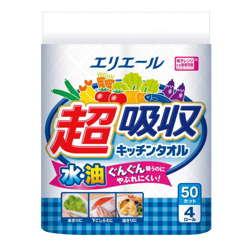日本大王Elis 超吸收廚房紙巾不易破損不含螢光劑無漂白微波爐OK 50張4卷