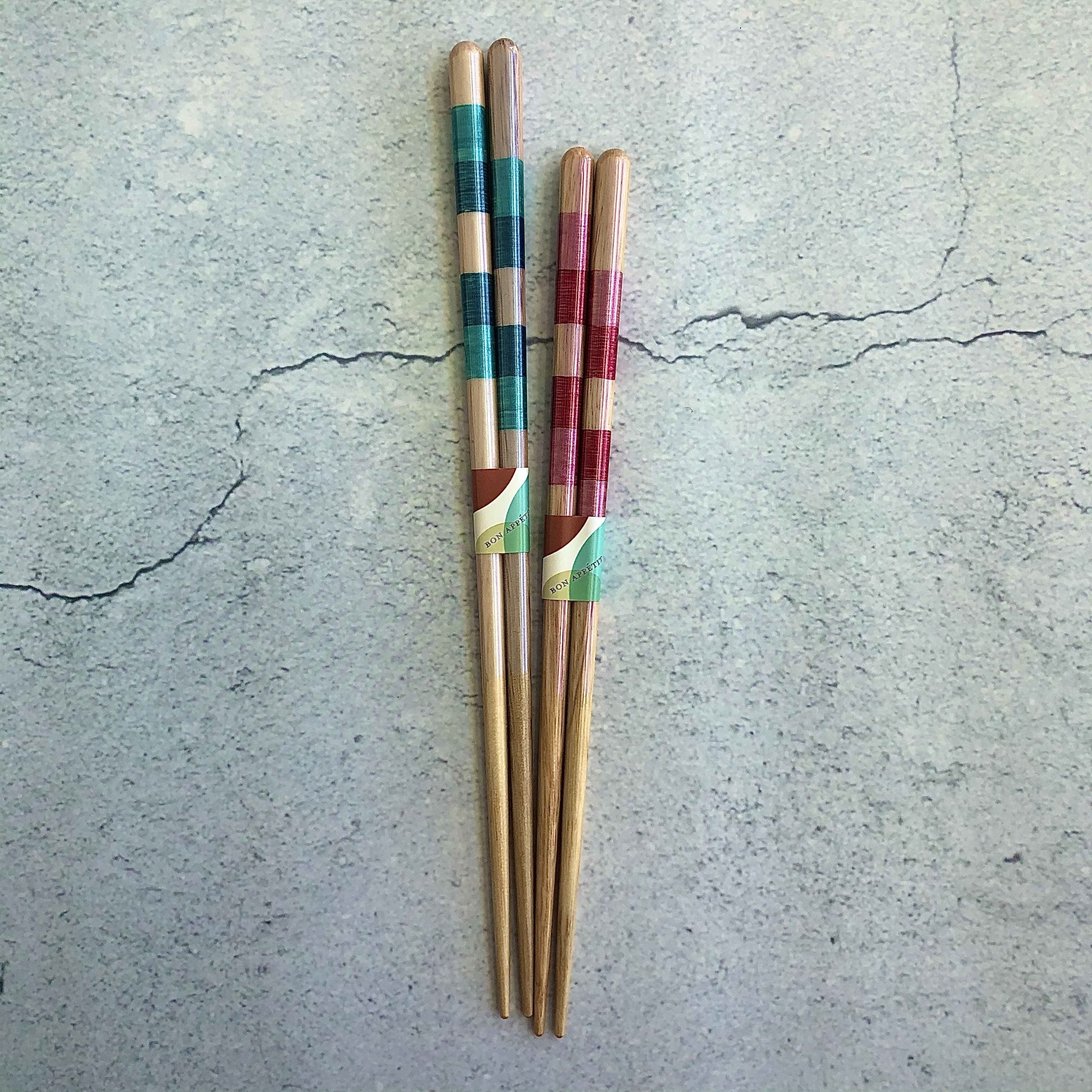 Kawai 错落格子 实木筷子23/21cm(洗碗机可用)蓝色和粉色