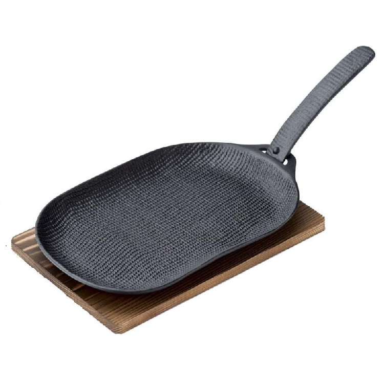 OIGEN 及源南部鐵器麻布紋鑄鐵烤盤（淺型帶燒杉木墊板）24.5x15x1.8cm