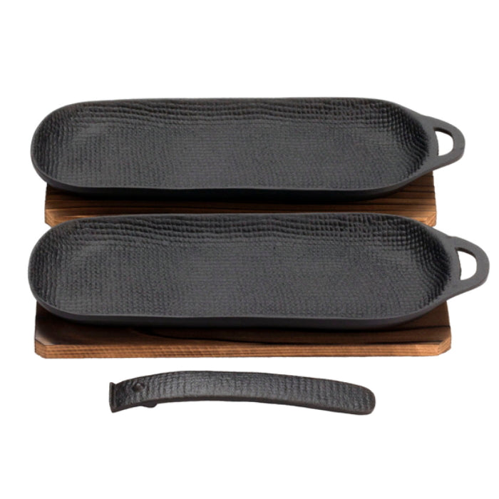 OIGEN 及源 南部铁器 麻布纹铸铁烤盘带烧杉木垫板（条型2个装 ）W248×D102×H21mm