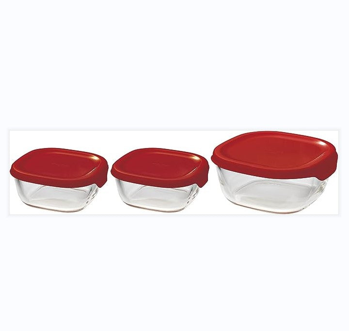 HARIO 耐热玻璃方碗红色3件套（有盖，微波炉，烤箱，储物三合一）